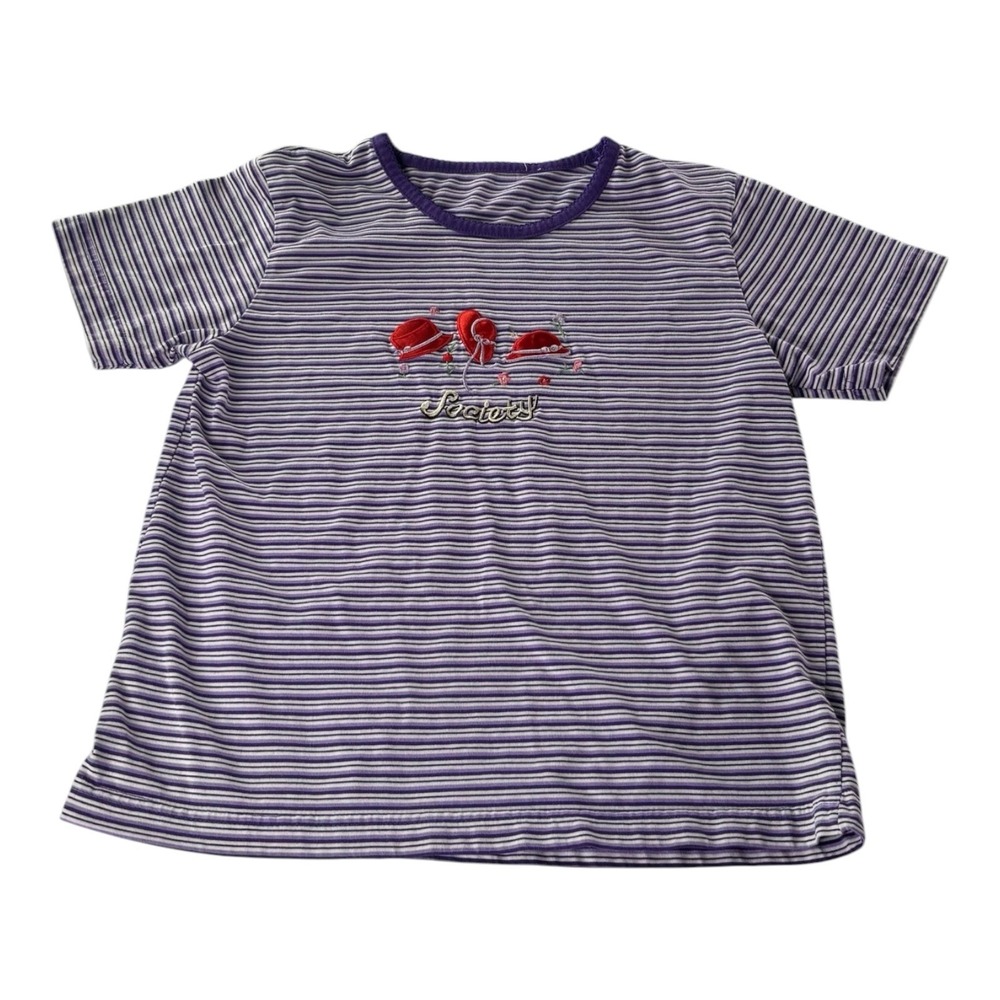 Women's Purple Striped Embroidered Strawberry Short Sleeve Shirt Small